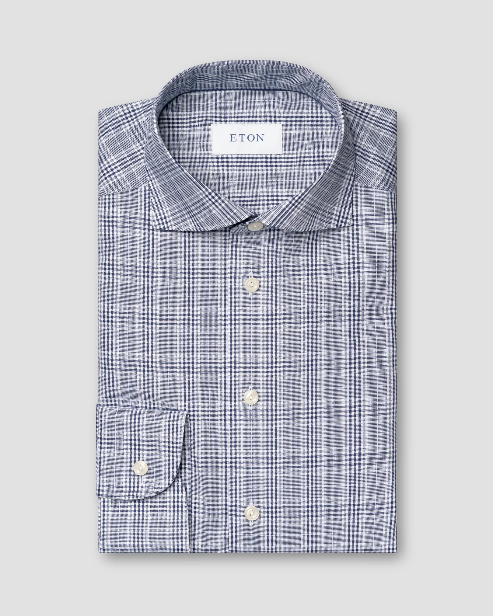 Eton - dark blue prince of wales check twill shirt