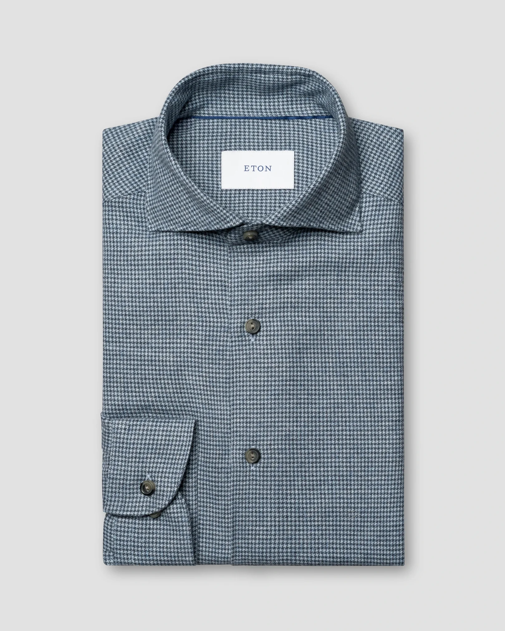 Eton - mid blue houndstooth check flannel shirt