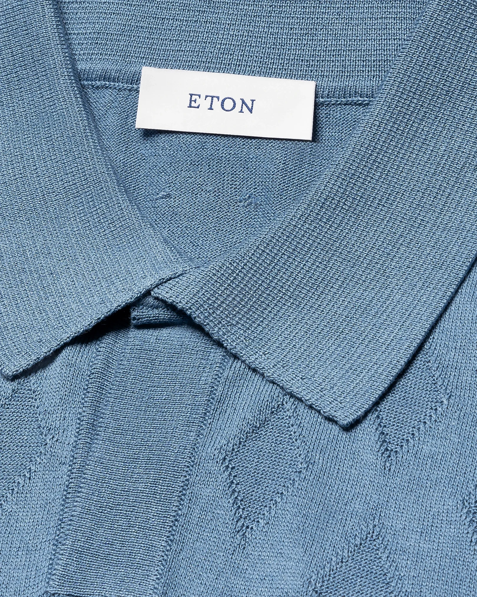 Eton - light blue cotton and silk open collar fine knit polo shirt