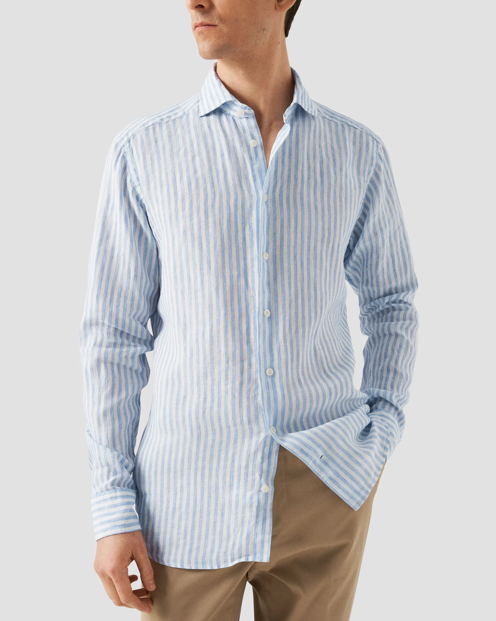 Eton - Chemise en lin à rayures bleu clair