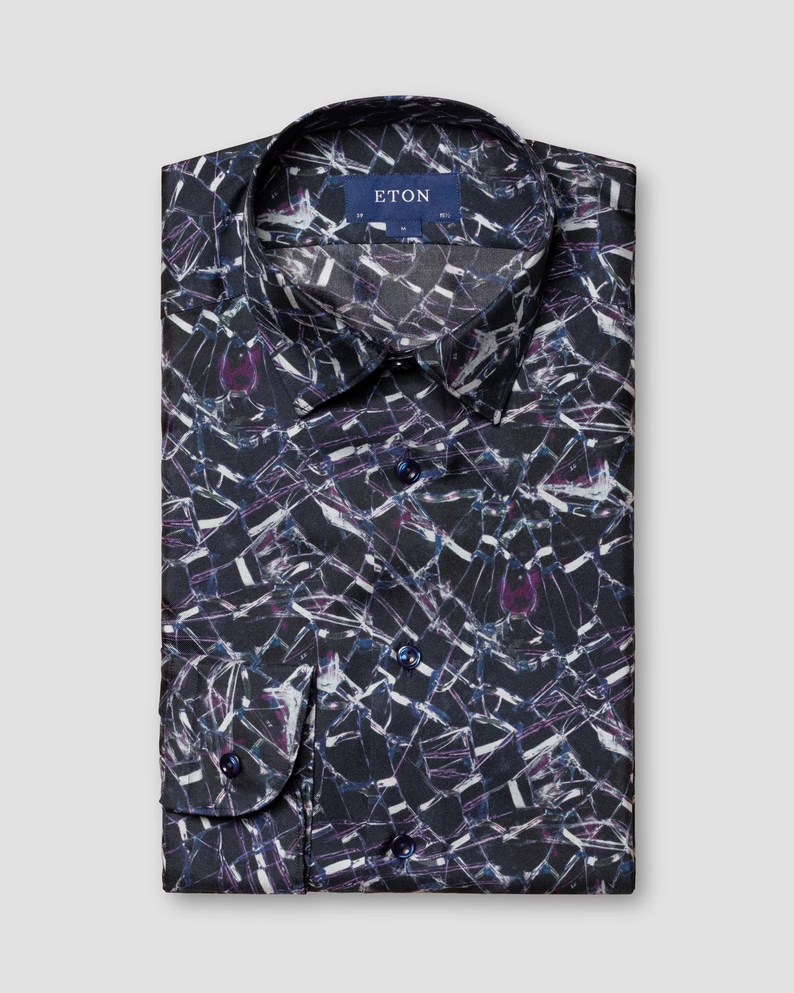 Navy Geometric Print Silk Twill Eton Shirt 