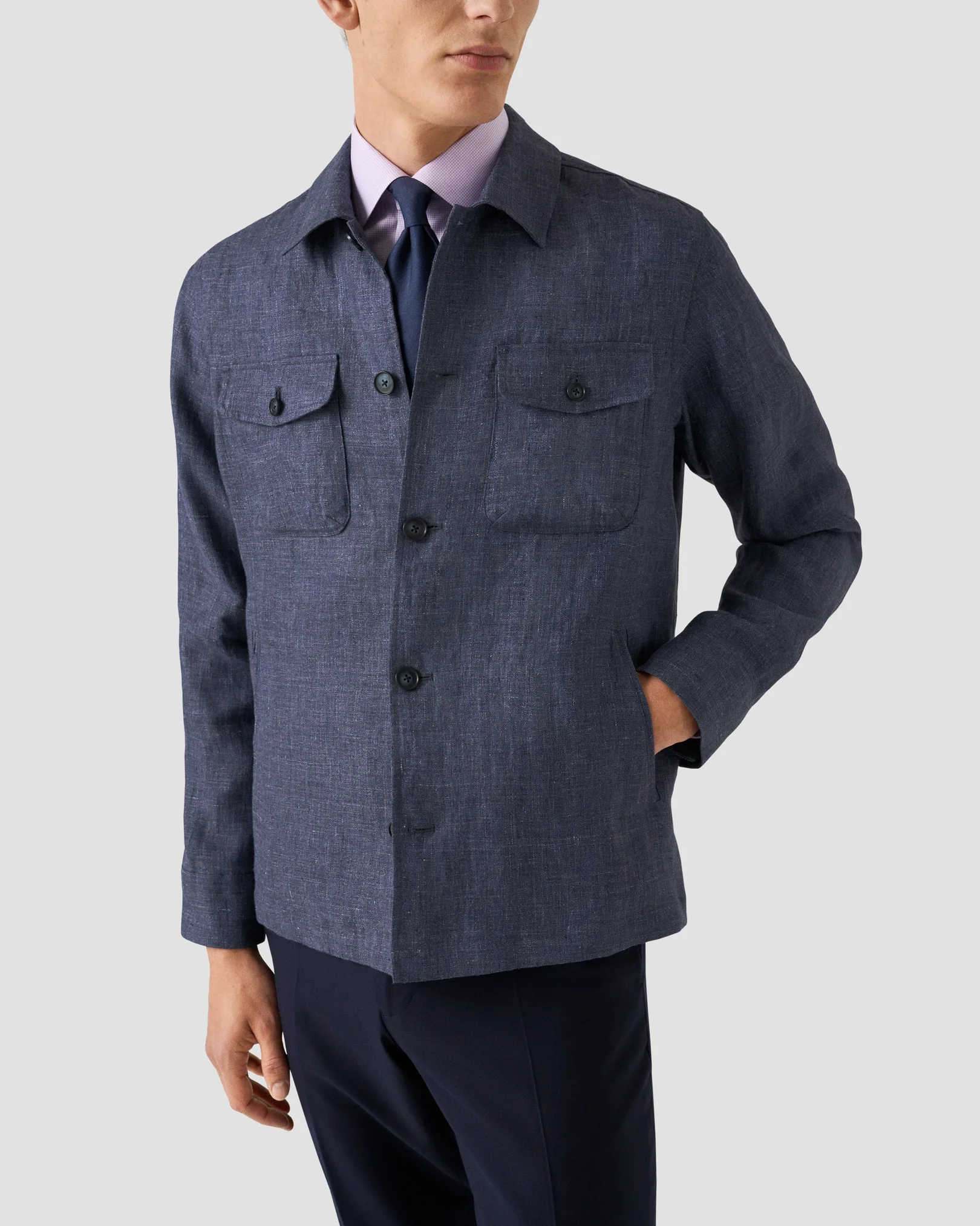 Eton - navy blue four pocket linen overshirt