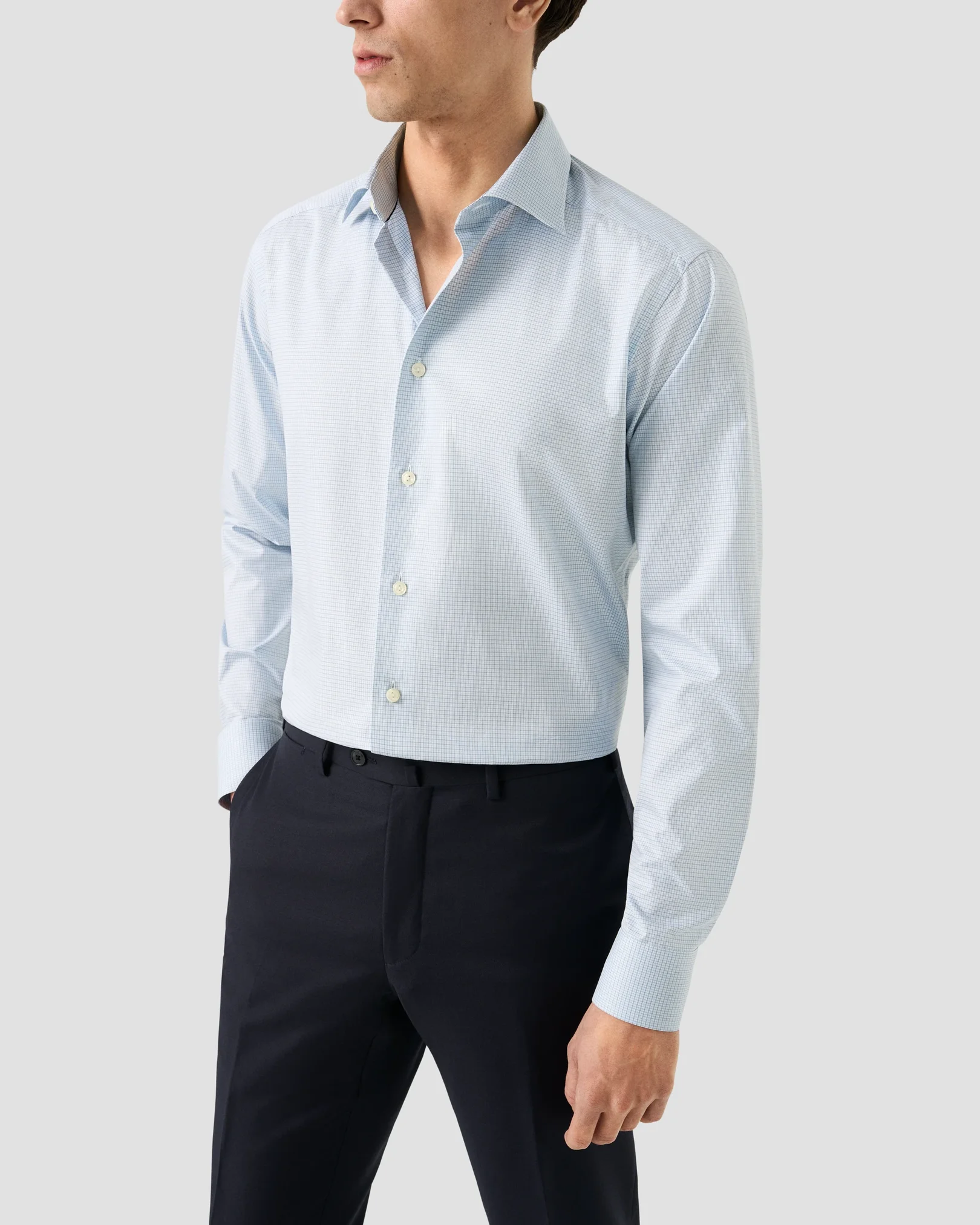 Eton - light blue check fine twill shirt