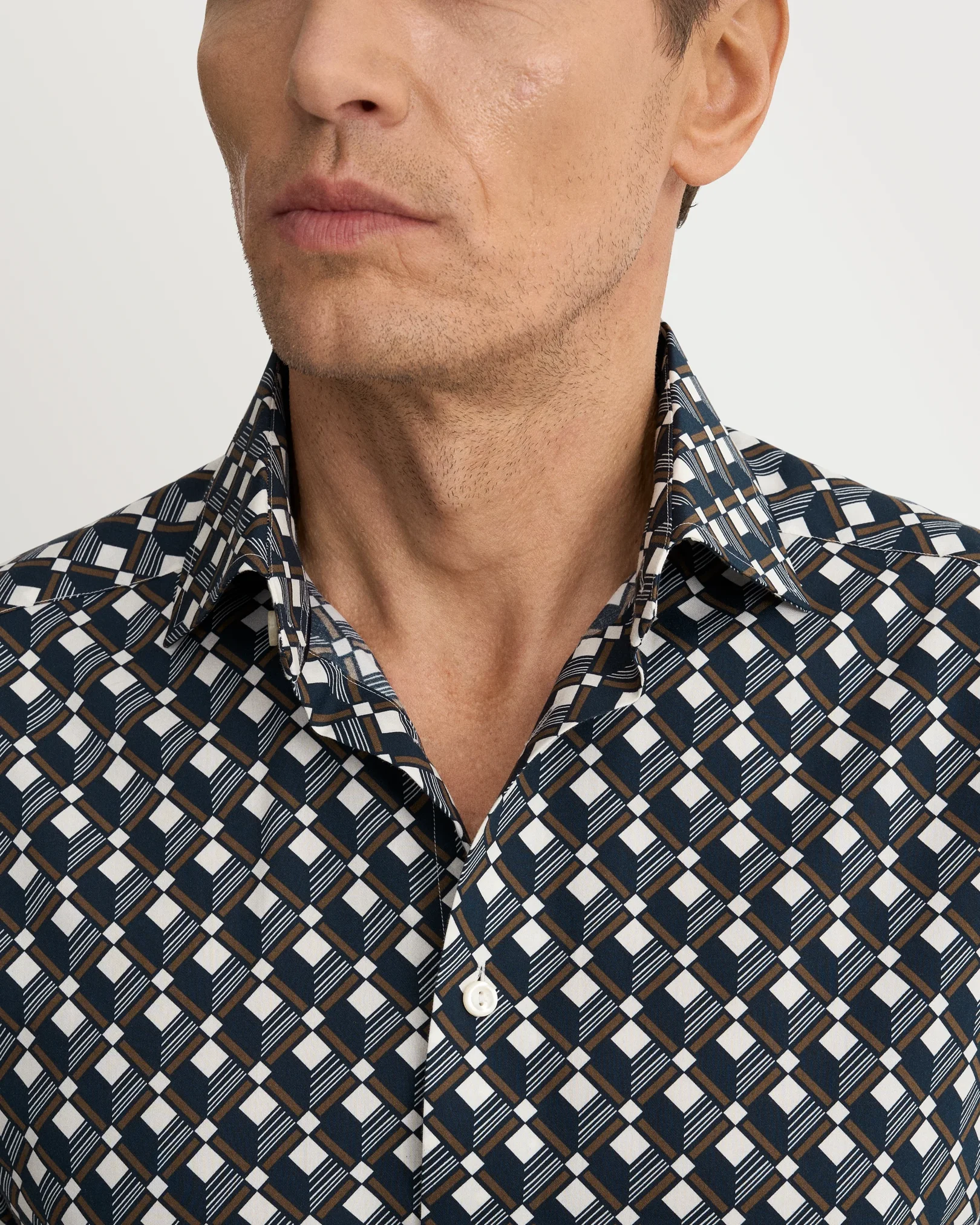 Eton - navy blue geometric print cotton tencel tm lyocell shirt