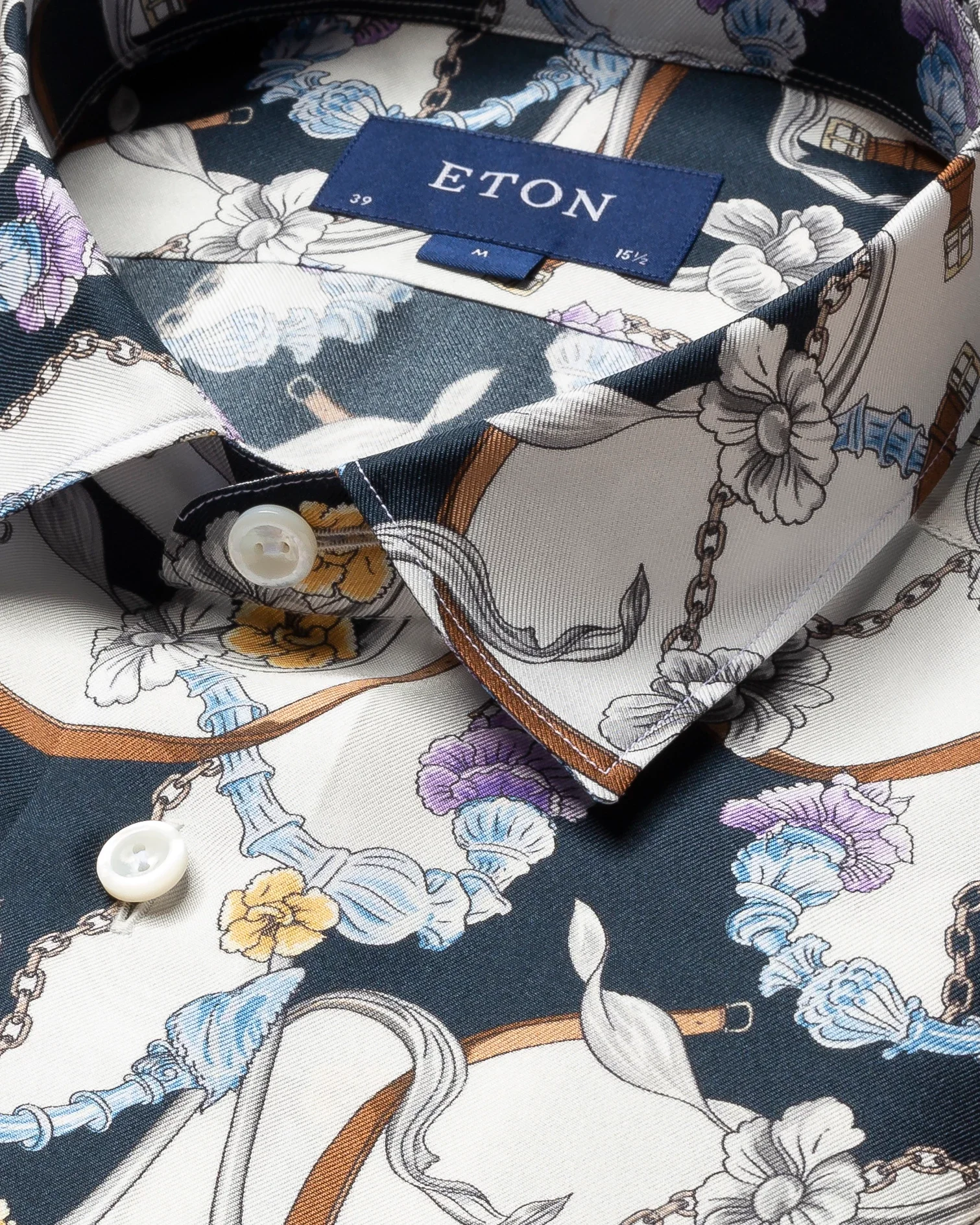 Eton - blue chandelier print silk shirt pointed single rounded slim soft