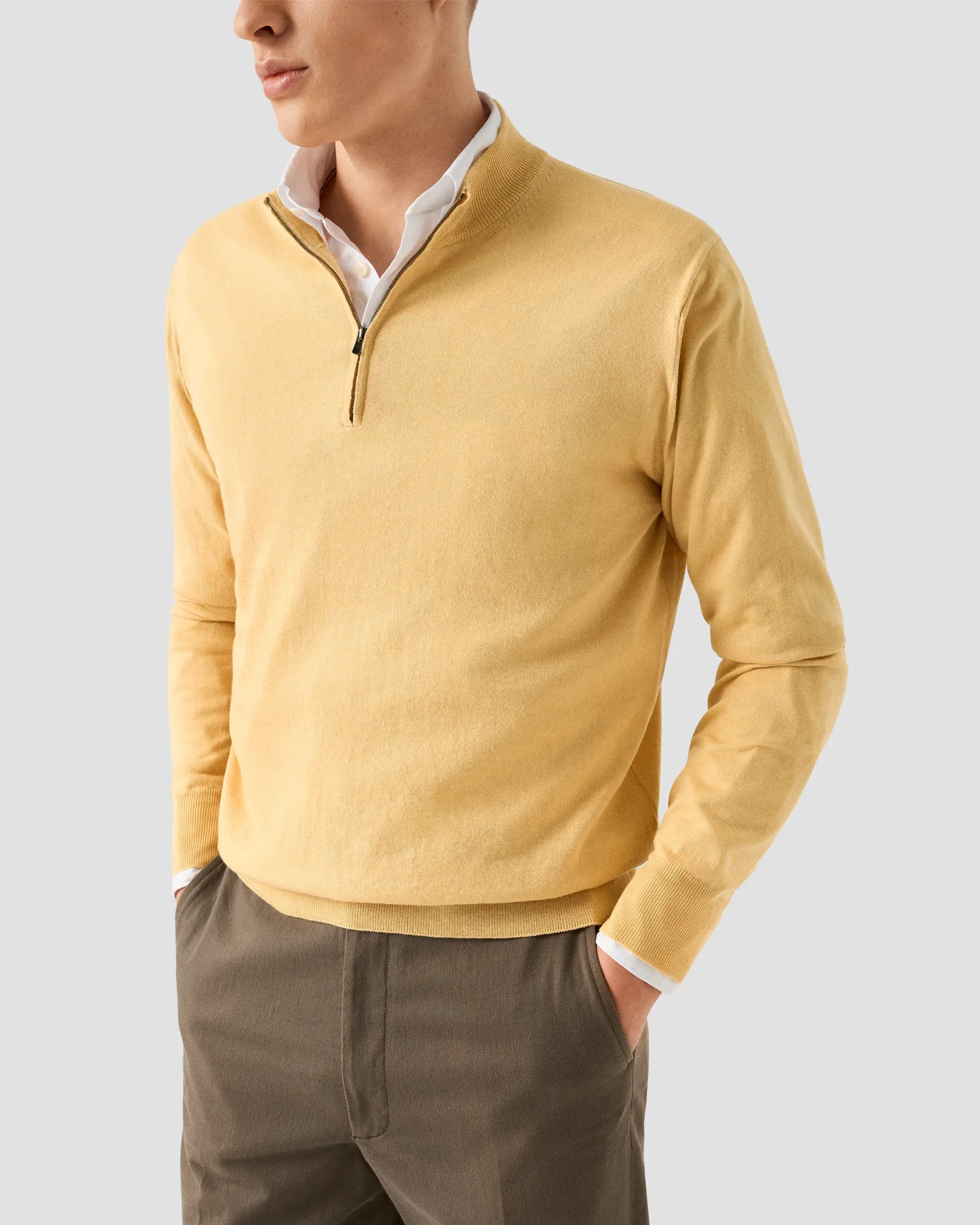 Eton - yellow cotton and cashmere quarter zip fine knit