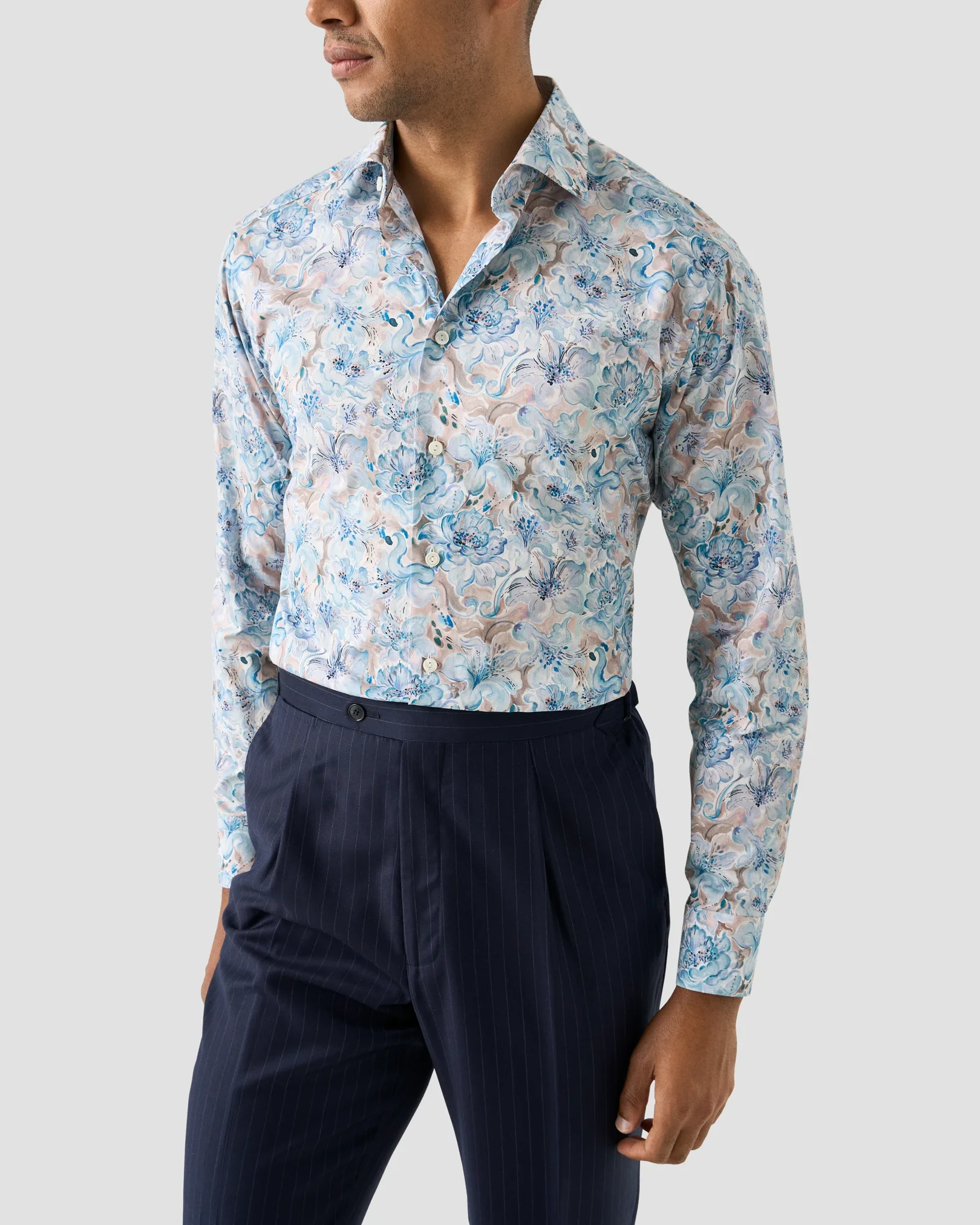 Eton - light blue floral print fine twill shirt