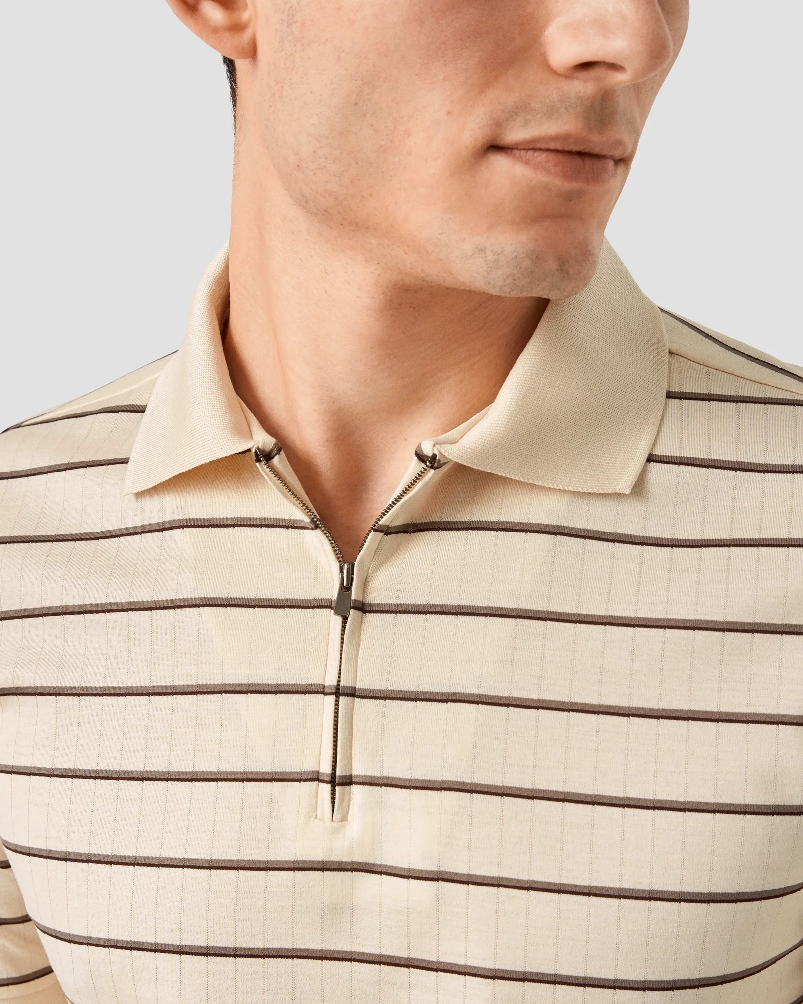 Eton - Light Brown Filo di Scozia Jacquard Half Zip Polo Shirt