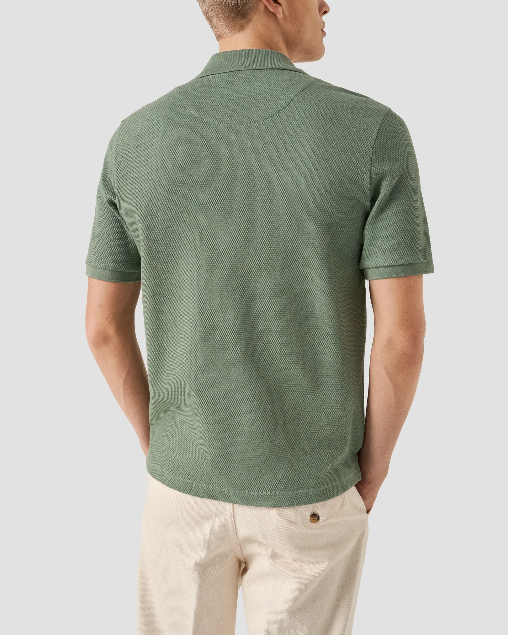 Eton - mid green waffle open collar polo shirt