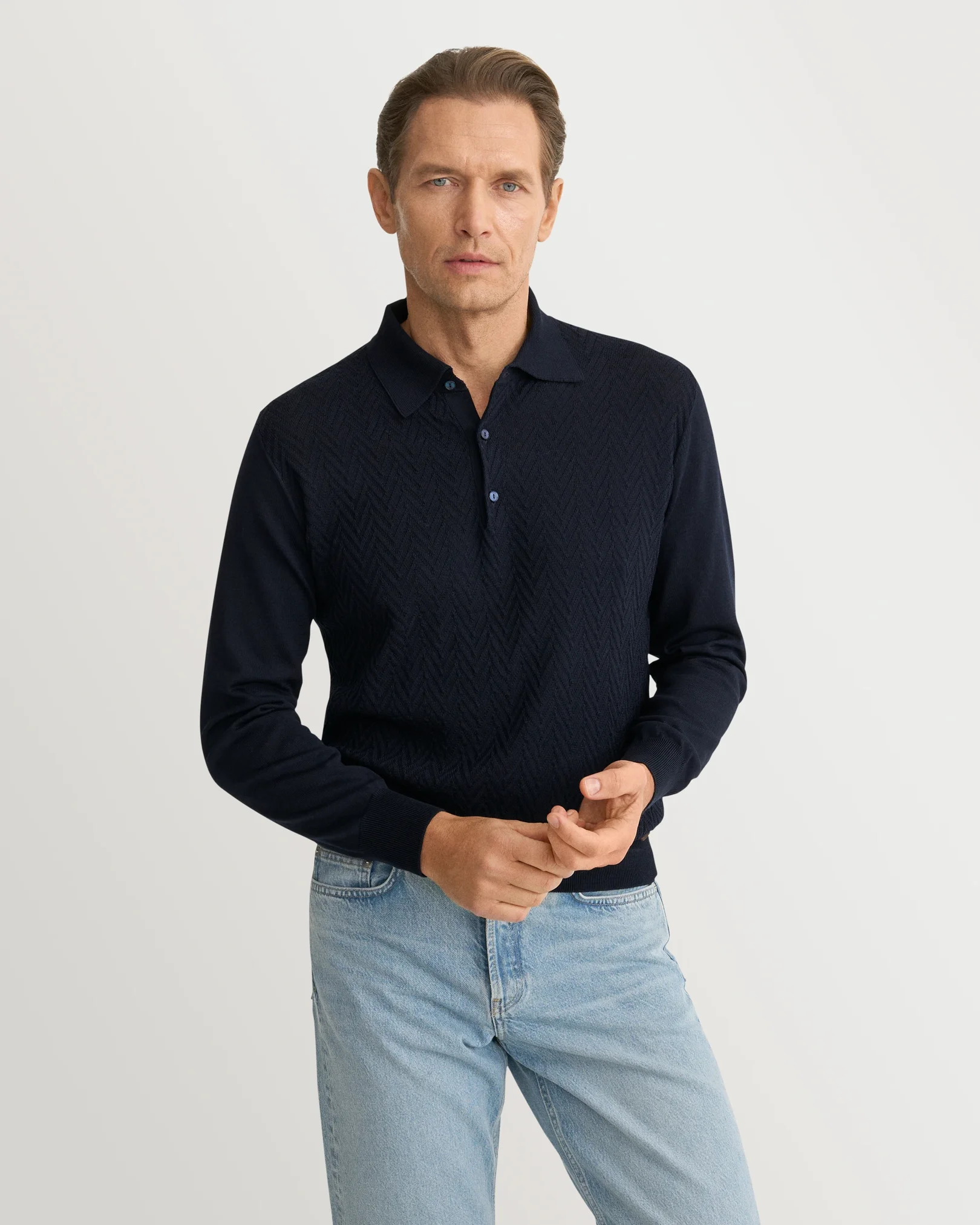 Eton - navy blue chevron structure knit polo shirt