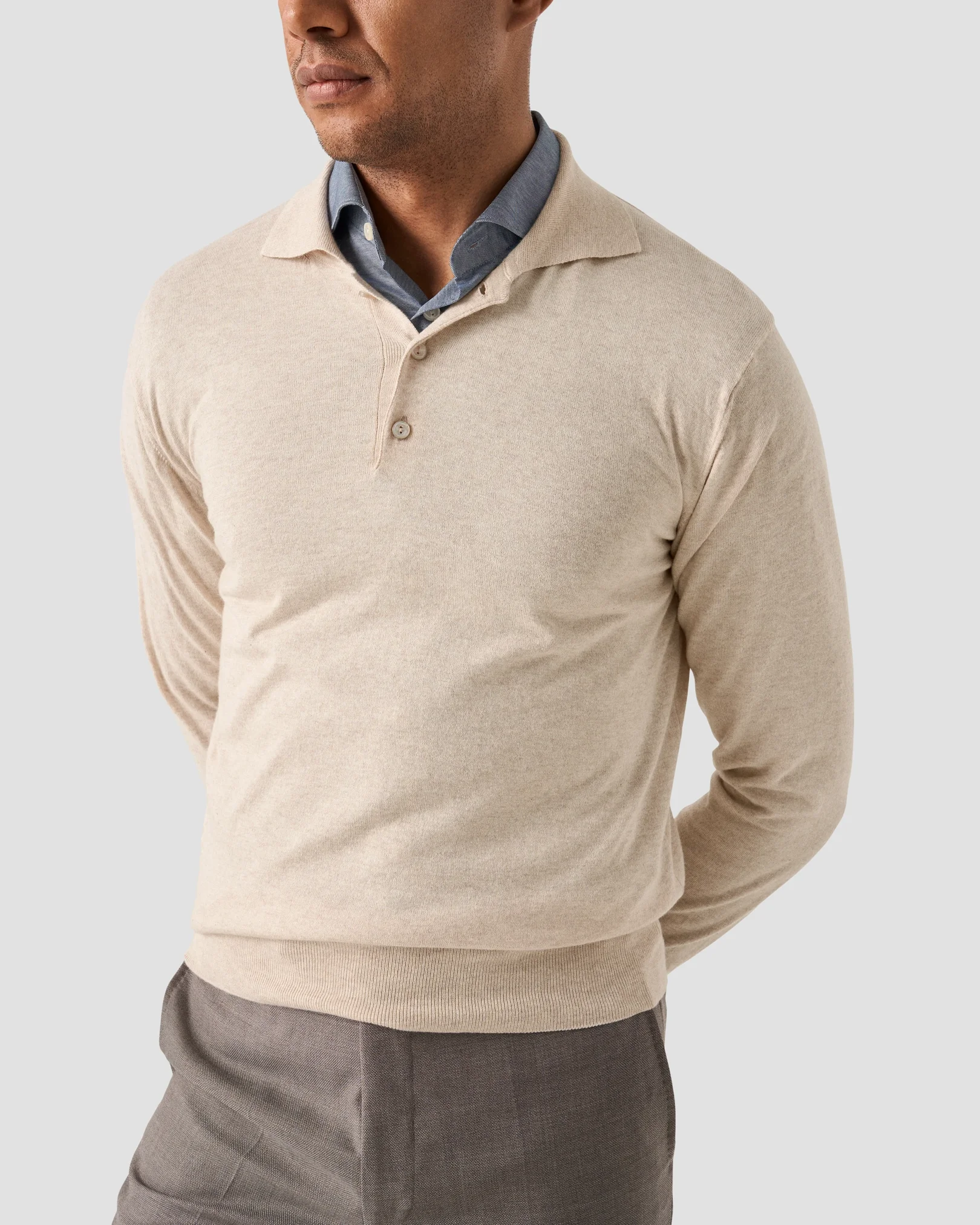 Eton - beige cotton cashmere fine knit polo shirt