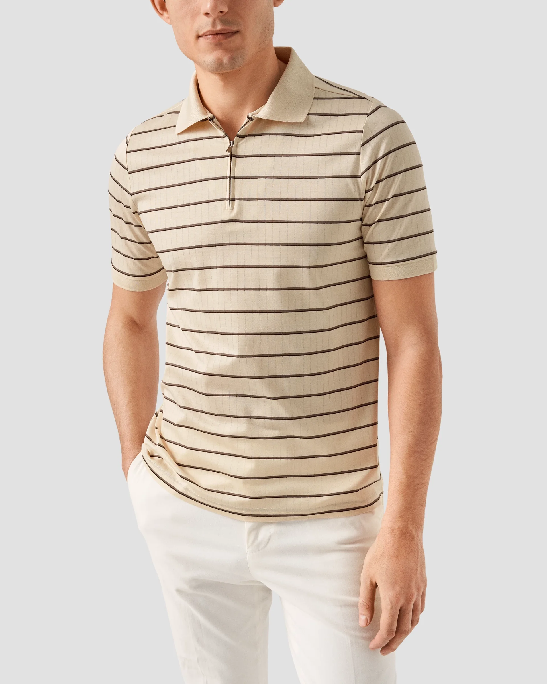 Eton Light Brown Filo Di Scozia Jacquard Half Zip Polo Shirt | Regular Fit | Size  L