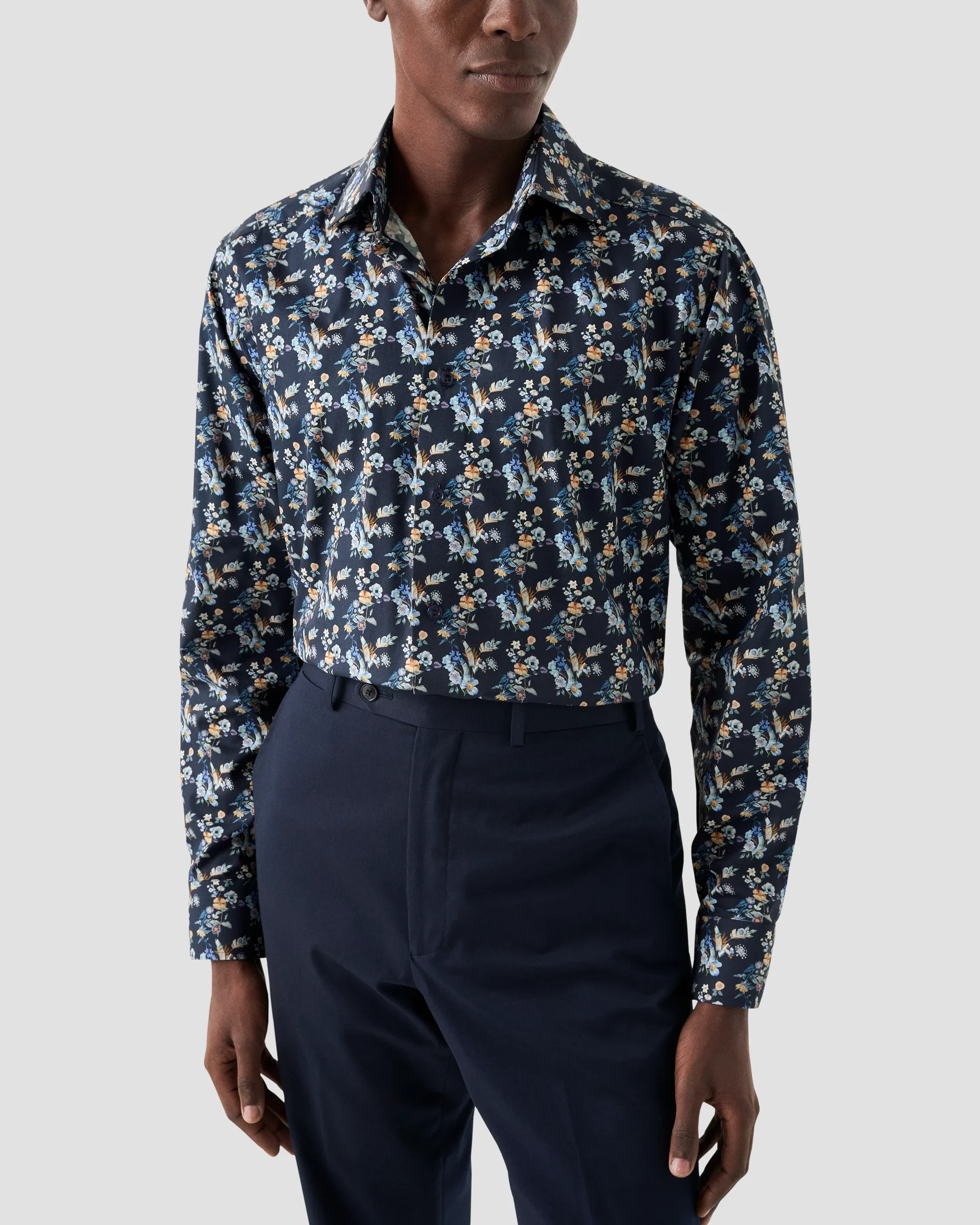 Eton Marinblå, Blommönstrad Twillskjorta | Slim fit | Storlek  39