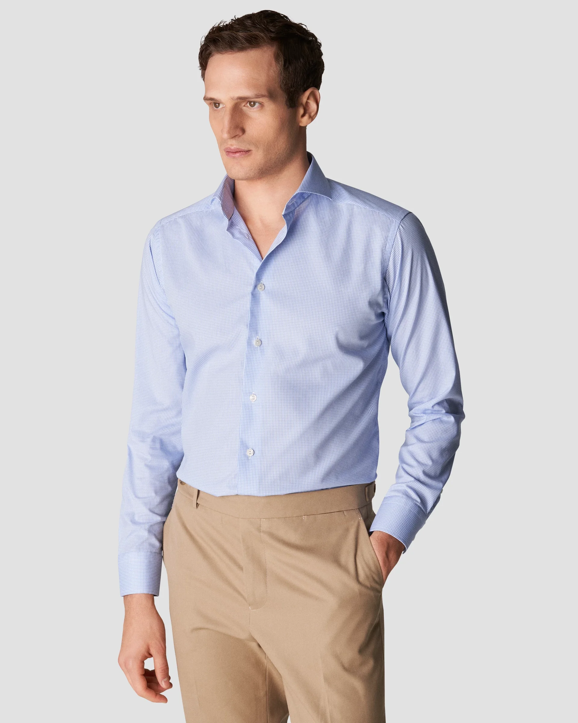 Eton Light Blue Checked Poplin Shirt - Extreme Cut Away | Slim fit | Size  44