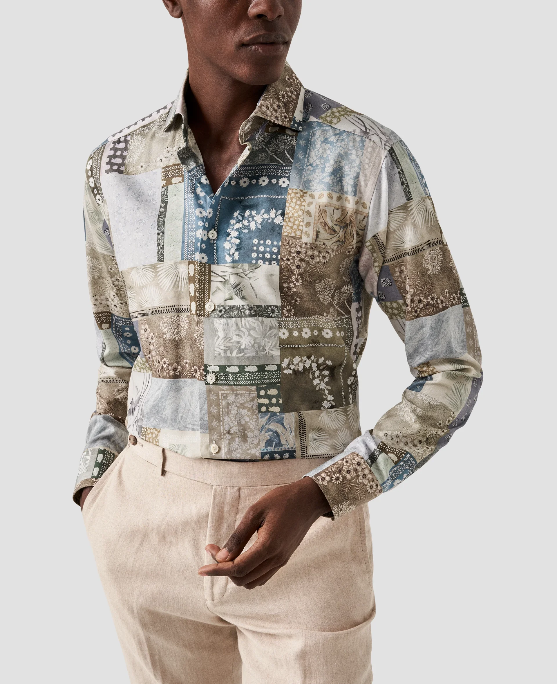 Eton Light Green Patchwork Print Cotton & TENCEL™ Lyocell Shirt | Contemporary fit | Size  38