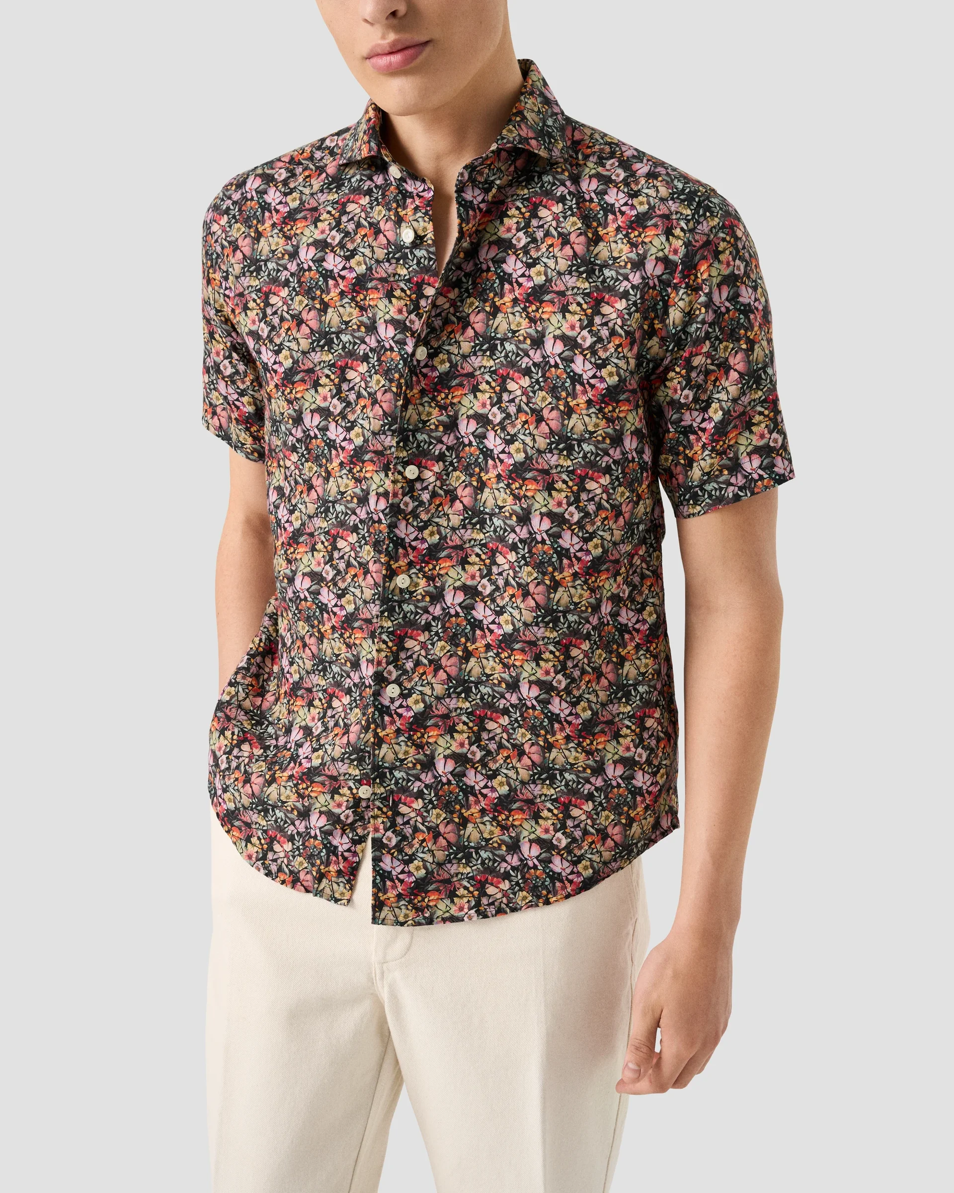 Eton Colorful Flower Mosaic Print Linen Shirt | Regular Fit | Size  L