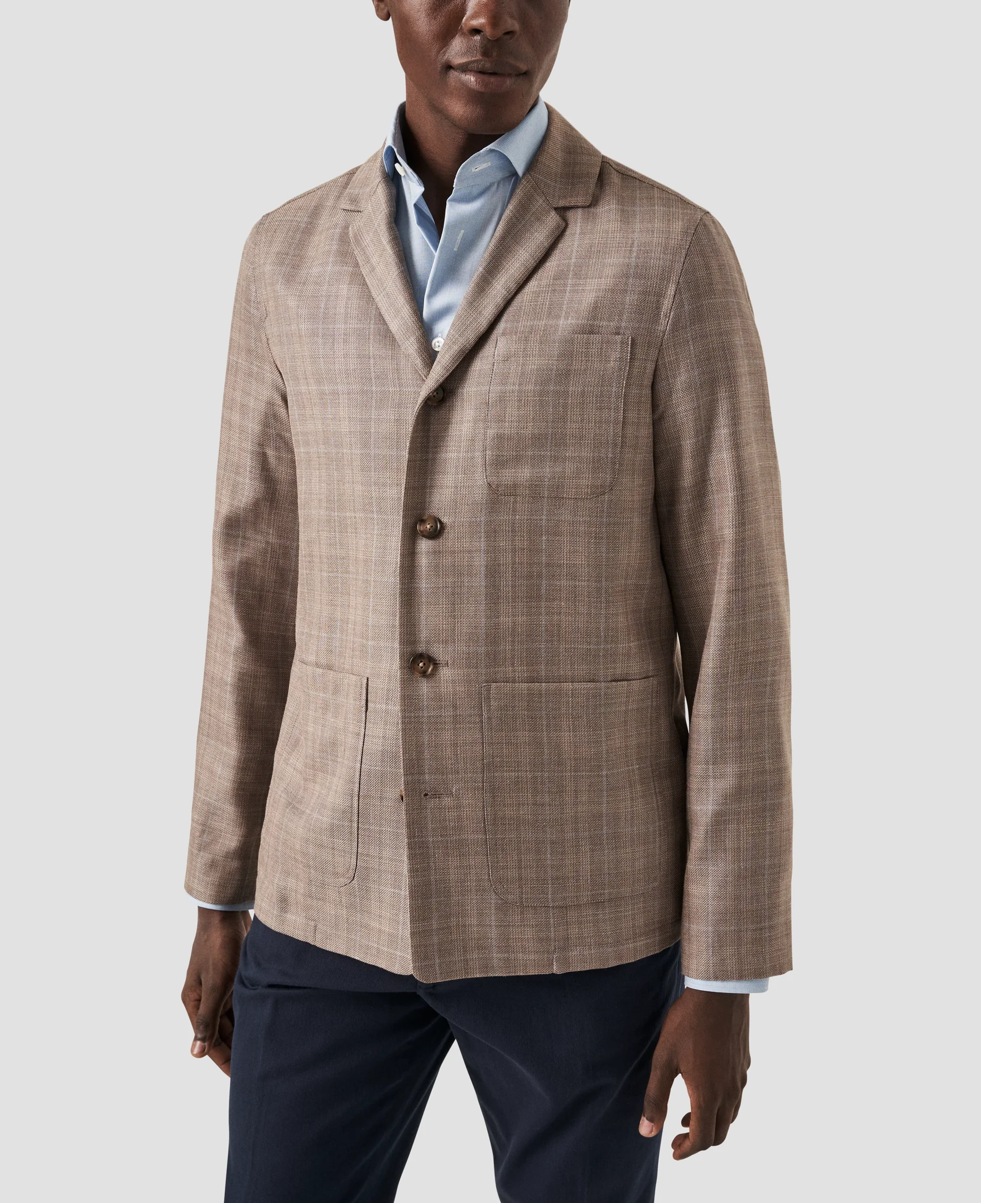 Eton Light Brown Checked Dressy Linen Wool Overshirt | Relaxed fit | Size  L