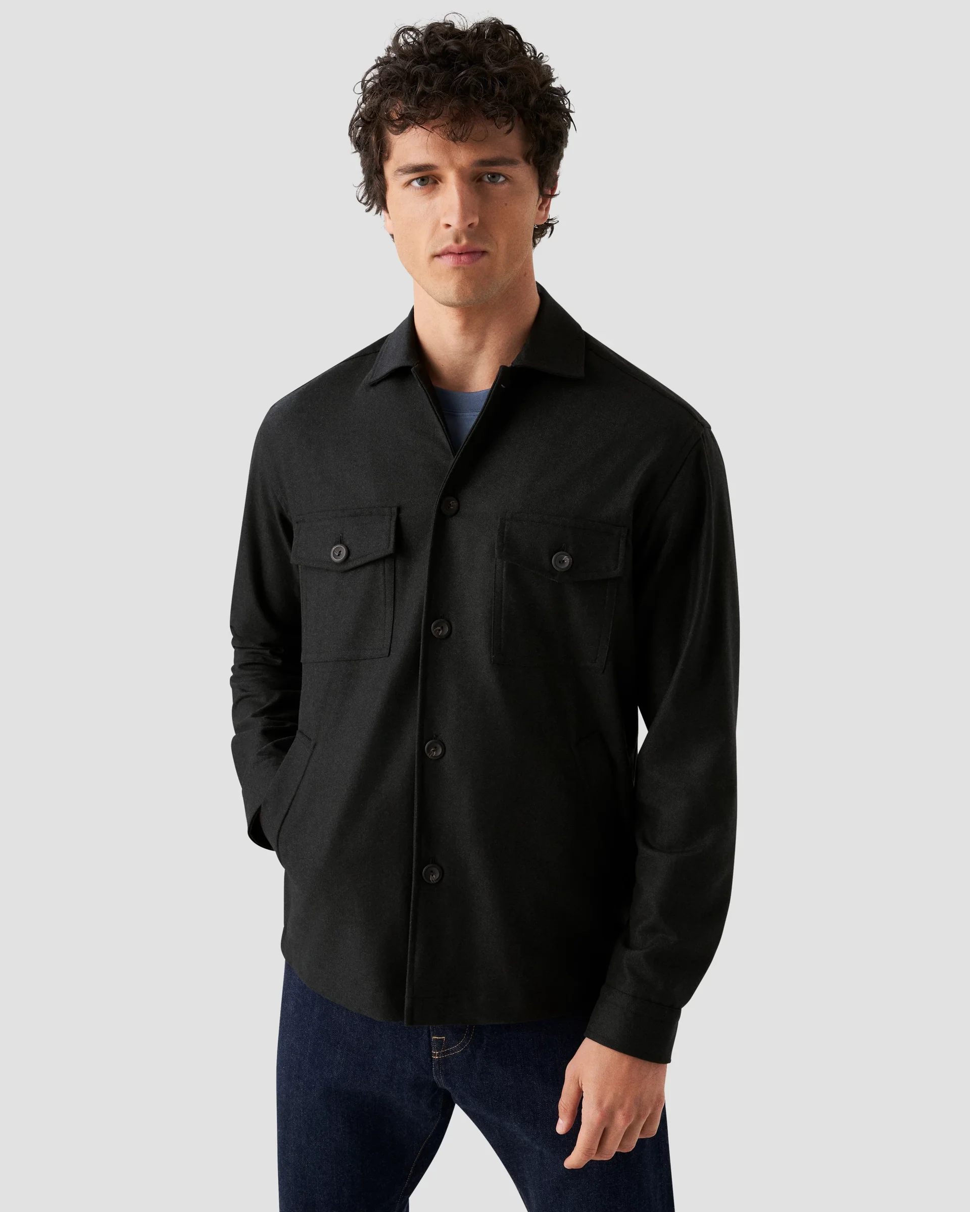 Eton Dark Green Herringbone Wool-Cashmere Flannel Overshirt | Relaxed fit | Size  XL