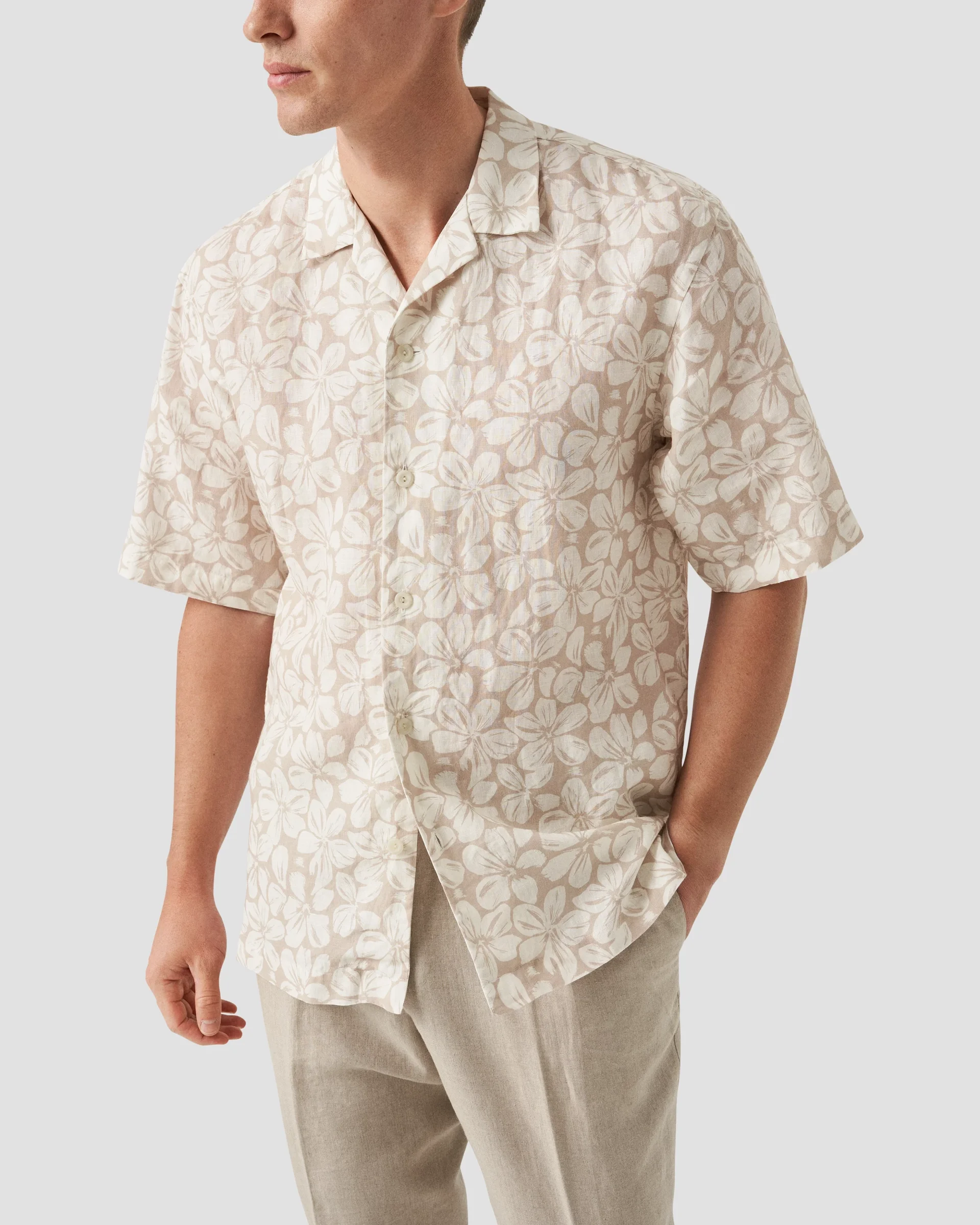Eton Light Brown Floral Print Linen Resort Shirt | Relaxed fit | Size  XS
