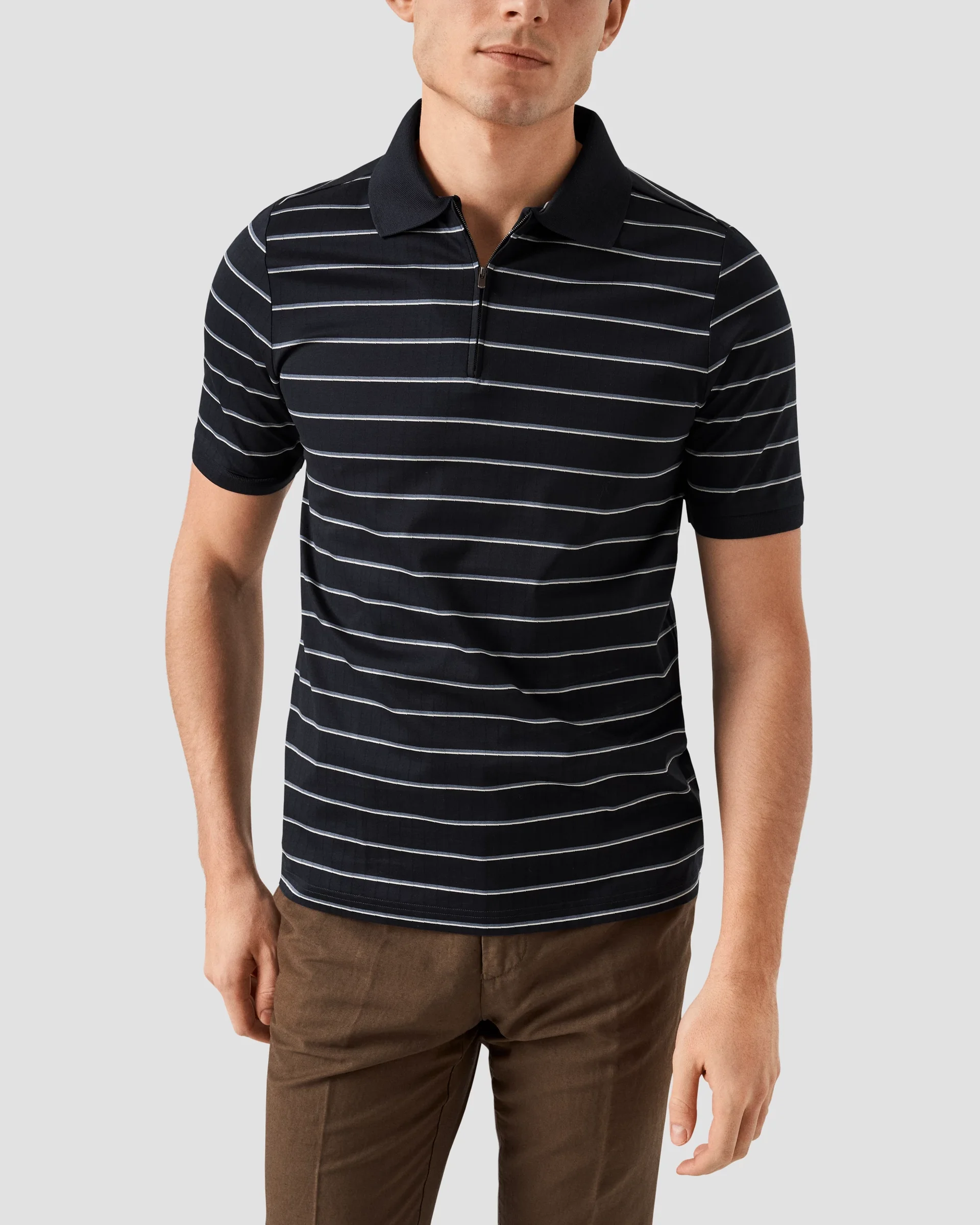 Eton Navy Striped Filo Di Scozia Jacquard Half Zip Polo Shirt | Regular Fit | Size  L