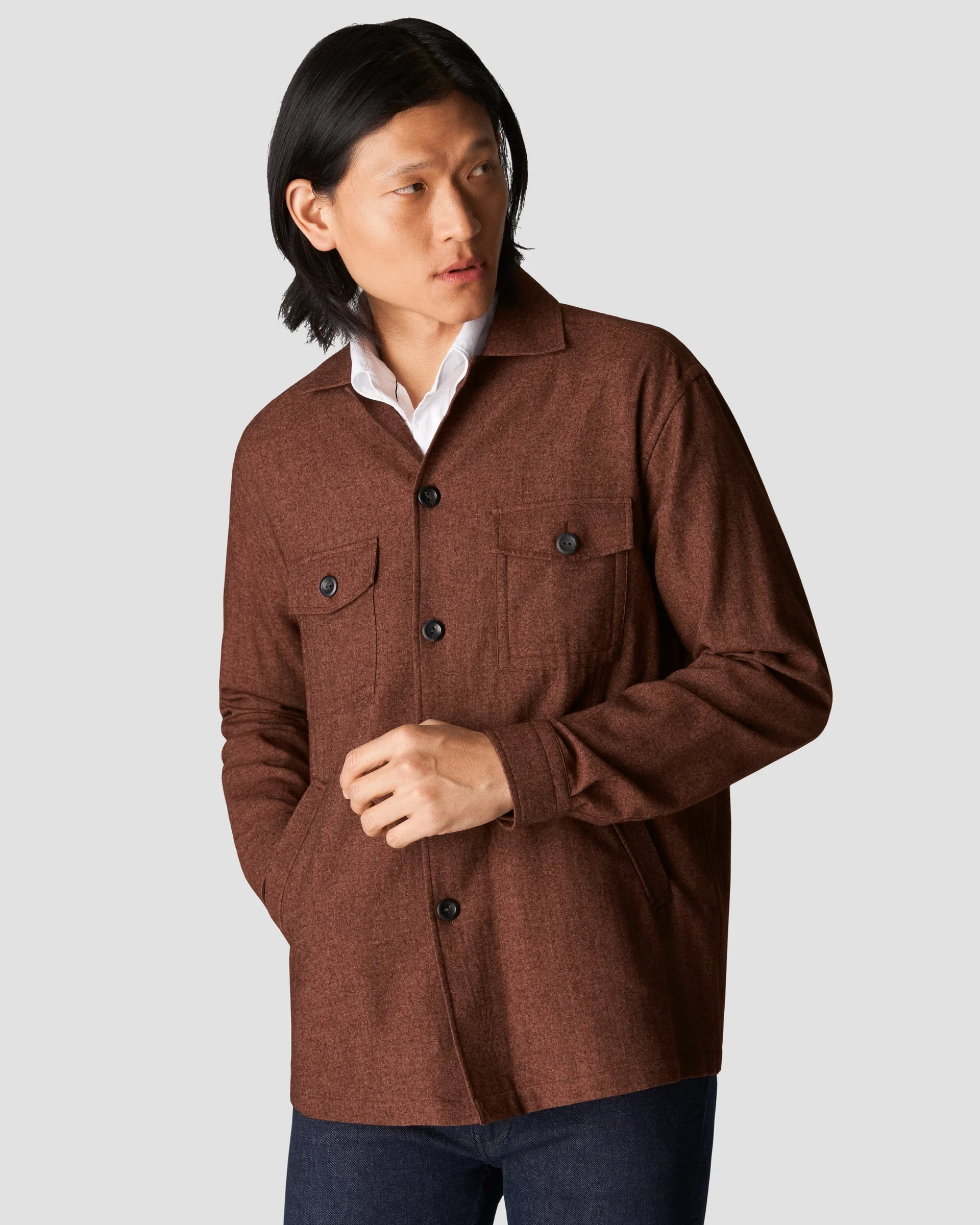 Eton Brown Cotton-Wool-Cashmere Flannel Overshirt | Relaxed fit | Size  M