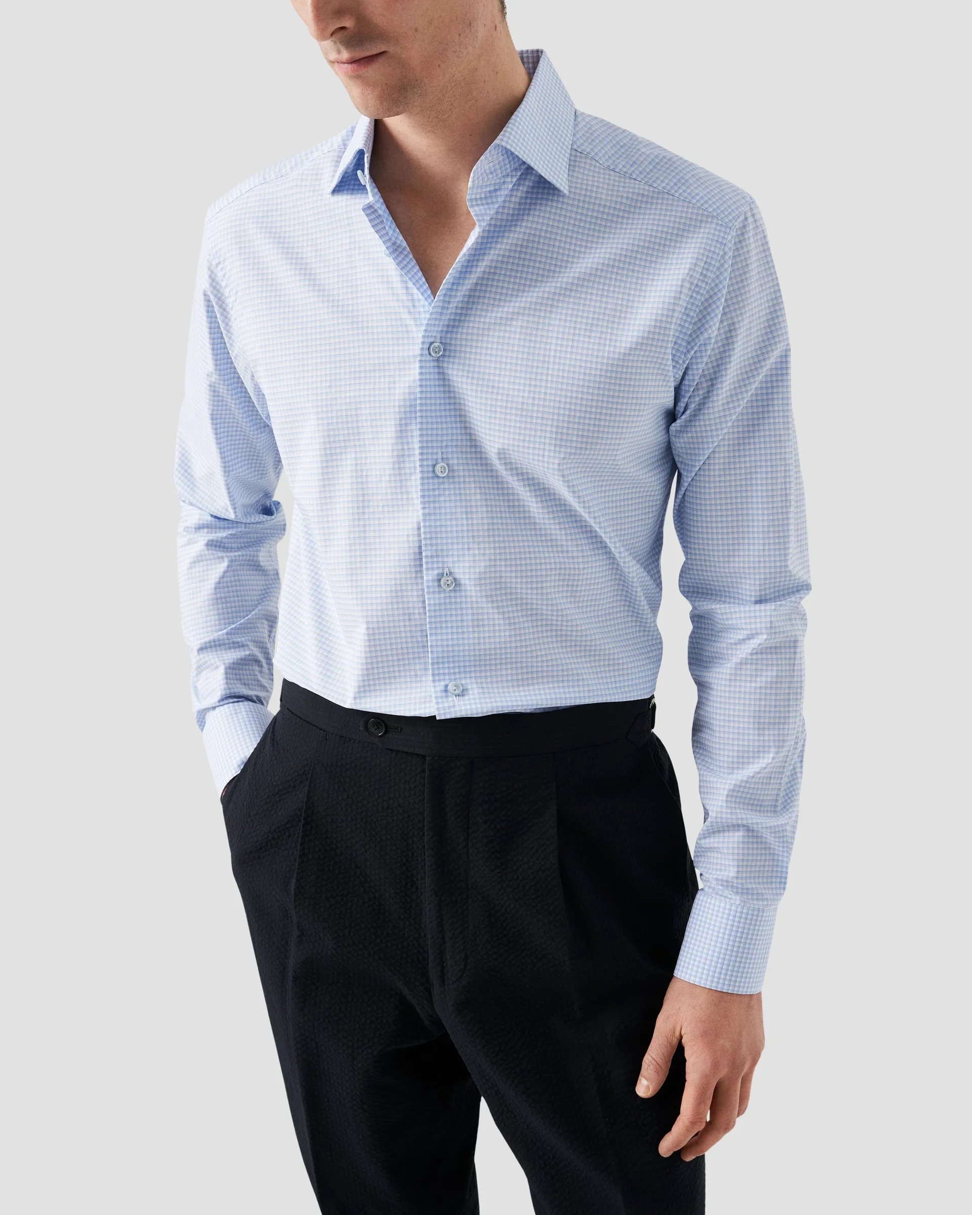 Eton Light Blue Checked Supima 120 Poplin Shirt | Contemporary fit | Size  41