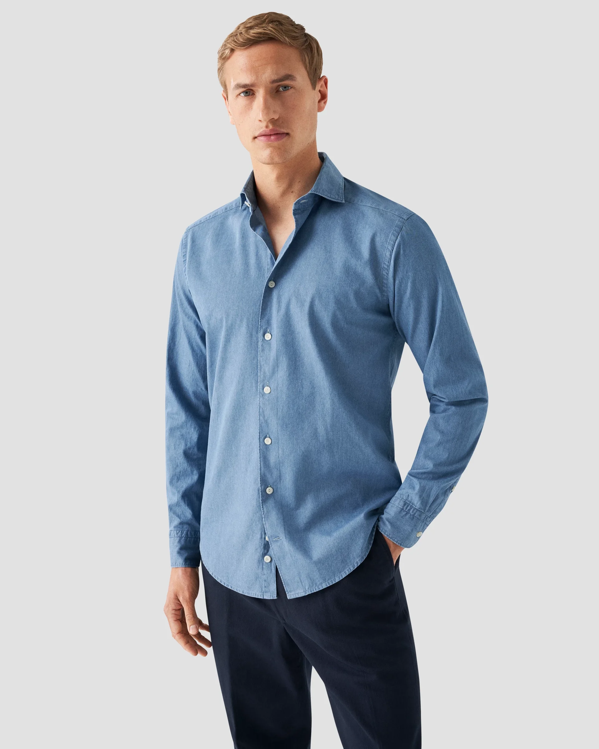 Eton Mid Blue Lightweight Denim Shirt | Contemporary fit - casual | Size  42